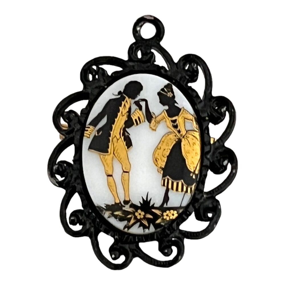 Vintage 1970s Cameo Style Brooch Victorian Scene Black Gold Tone - 11Y